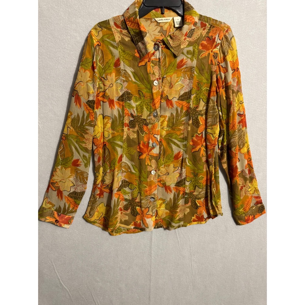 Laura Ashley Womens Medium Rayon Floral Leaf Print Button Down Blouse Orange